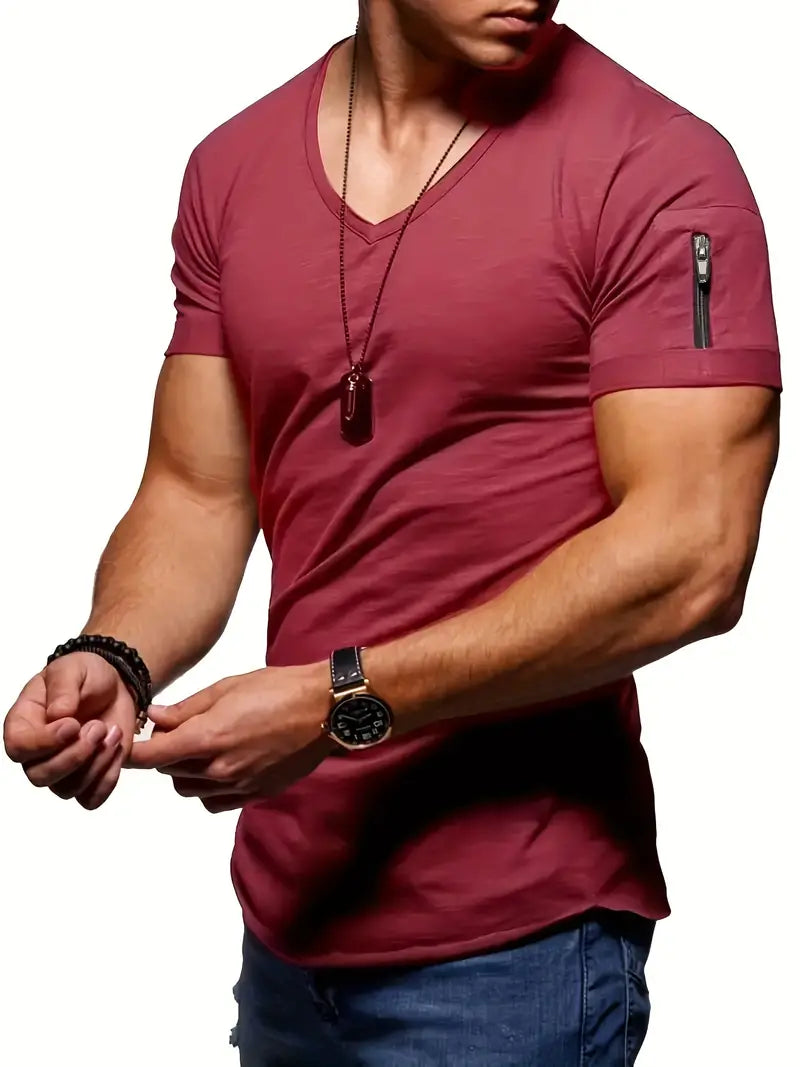 Classic black men's V-neck t-shirt, a basic and comfortable short sleeve top for casual wear.