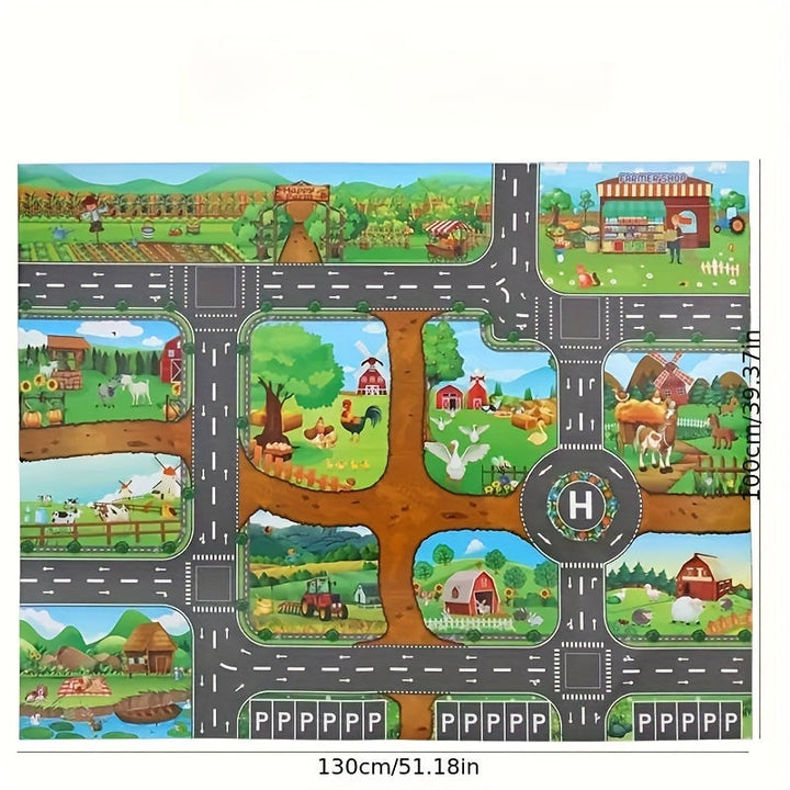 Kids' farm & traffic adventure play mat with miniature vehicles & animal toys. Enhances interactive early learning.
