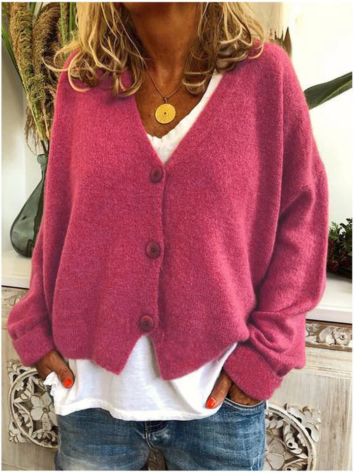 Long sleeve V-neck button-front cardigan for women, chic knitwear for versatile looks.