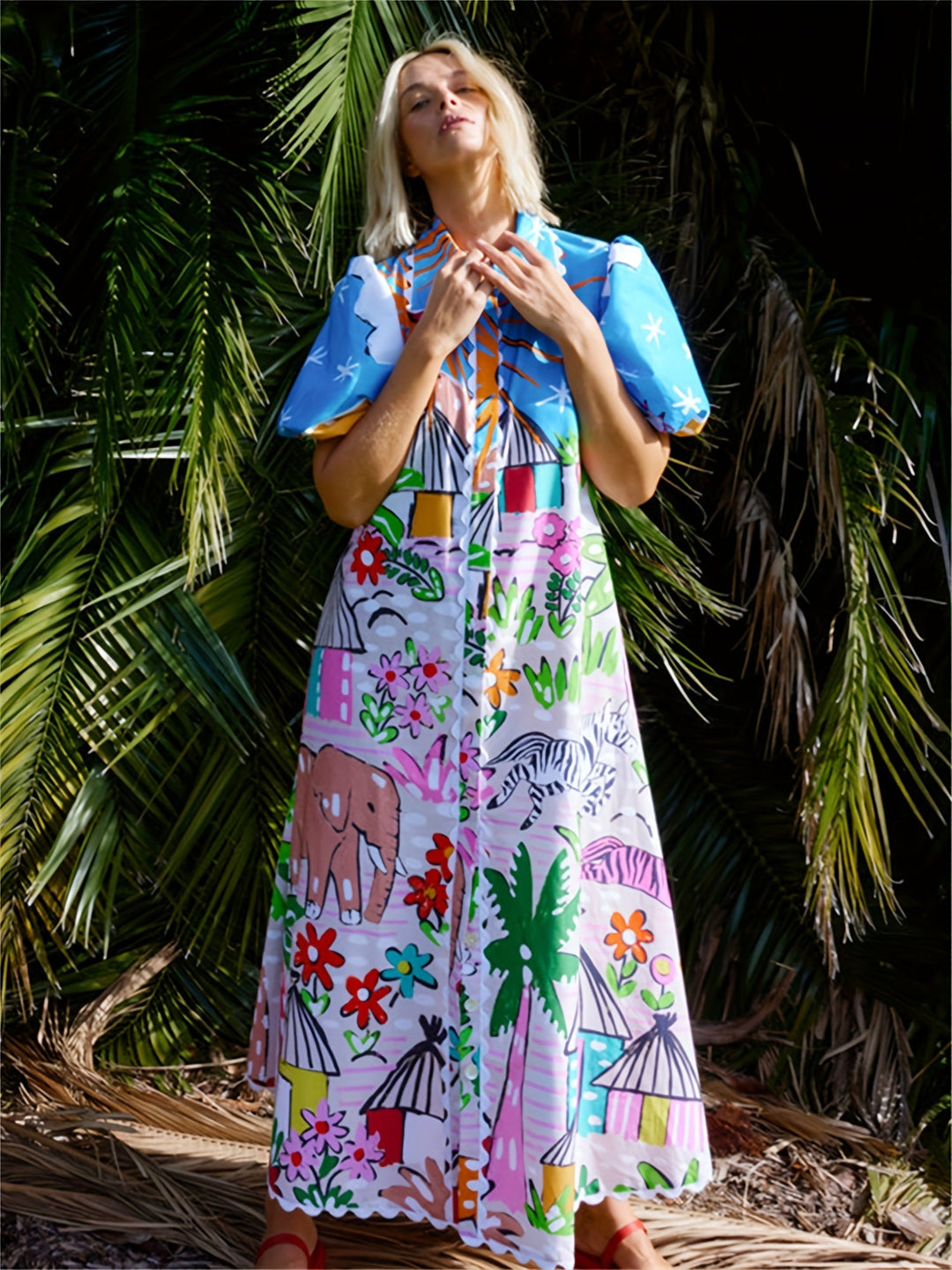 Chic women's floral midi dress. Elegant tropical summer vacation wear for any event.