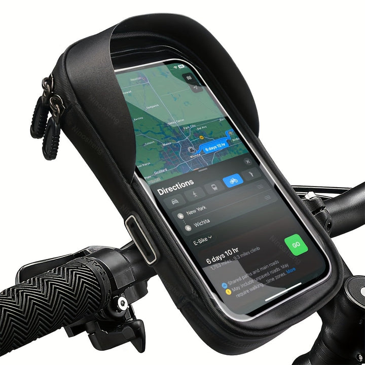 Universal waterproof smartphone holder for bicycle and motorcycle handlebars. Easy install.