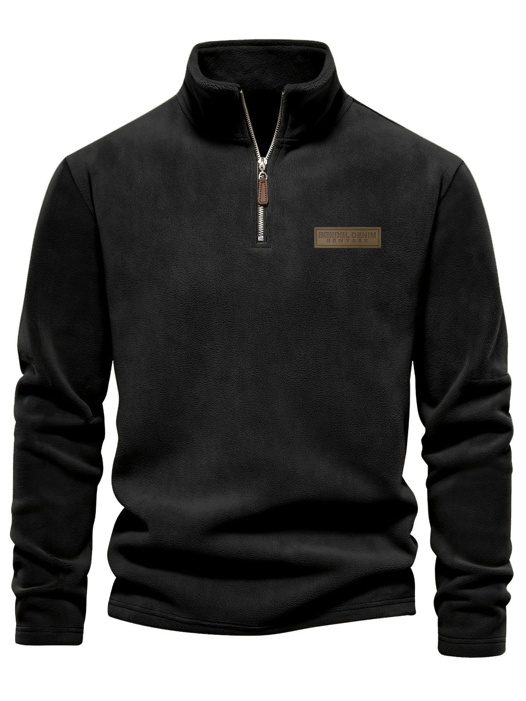 Detail shot of a cozy unisex half-zip pullover, showcasing the soft fleece lining and warm fabric.
