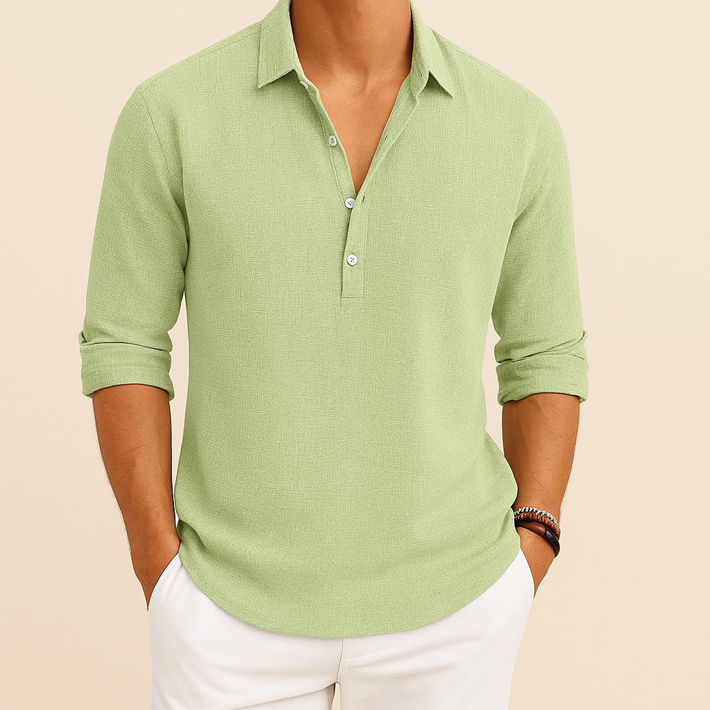 Soft men's long sleeve polo shirt. Relaxed fit button neck top, ideal for versatile casual fashion.