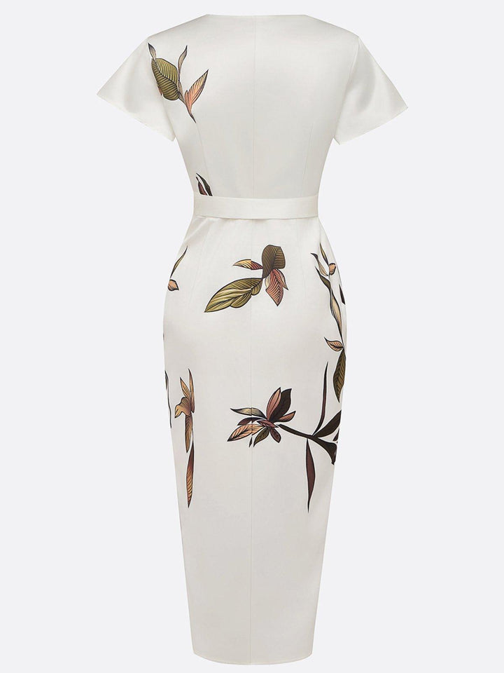 Feminine white formal wrap midi dress for women, offering an elegant look for any special occasion or event.