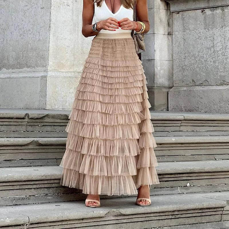 Women's Pleated Mesh Midi Skirt with Ruffle