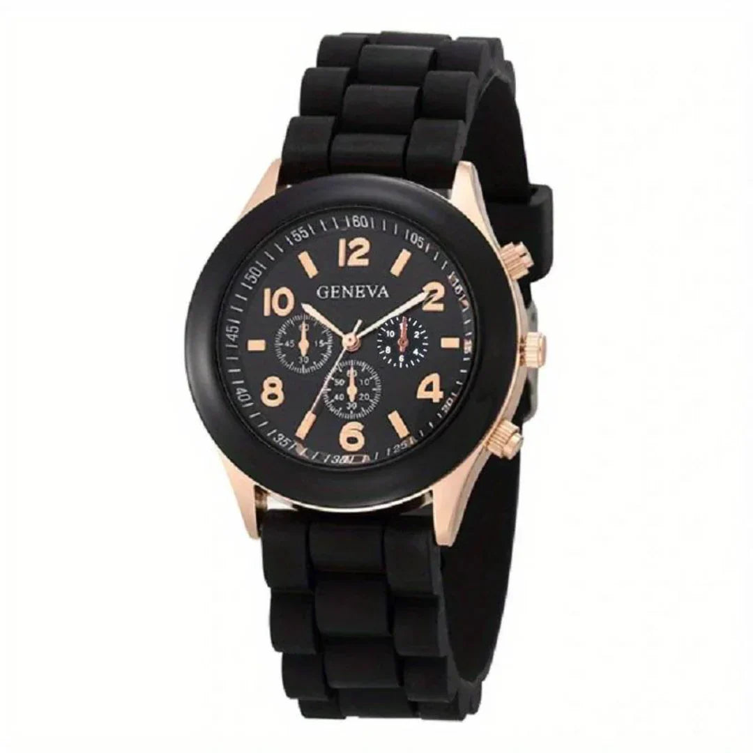 Everyday wear analog quartz watch, unisex design with soft silicone strap.