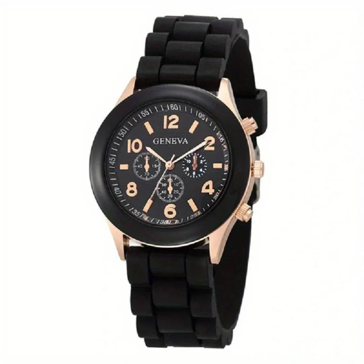 Everyday wear analog quartz watch, unisex design with soft silicone strap.