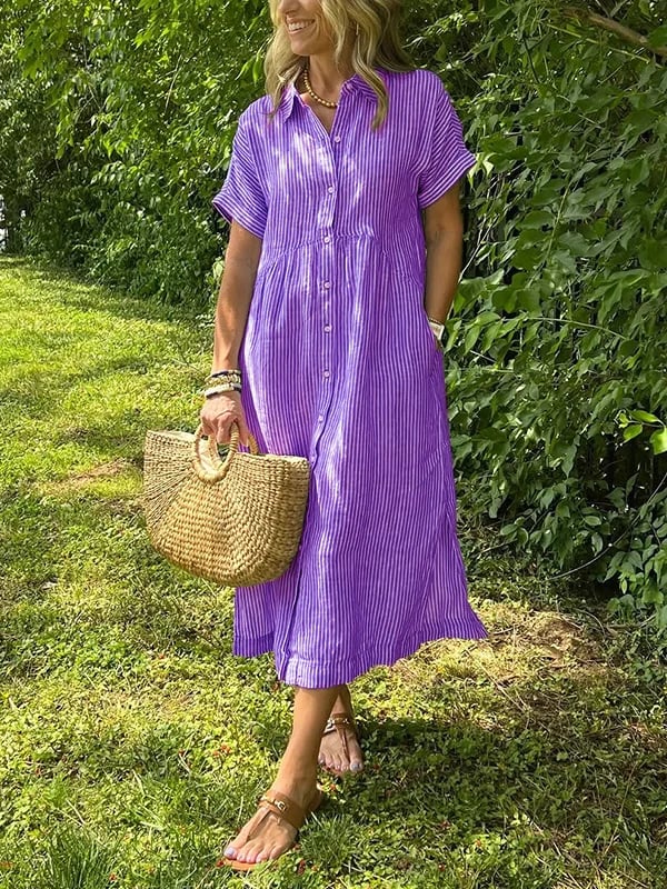 Sophisticated women's striped maxi shirt dress; elegant button-down for versatile ladies' long fashion.