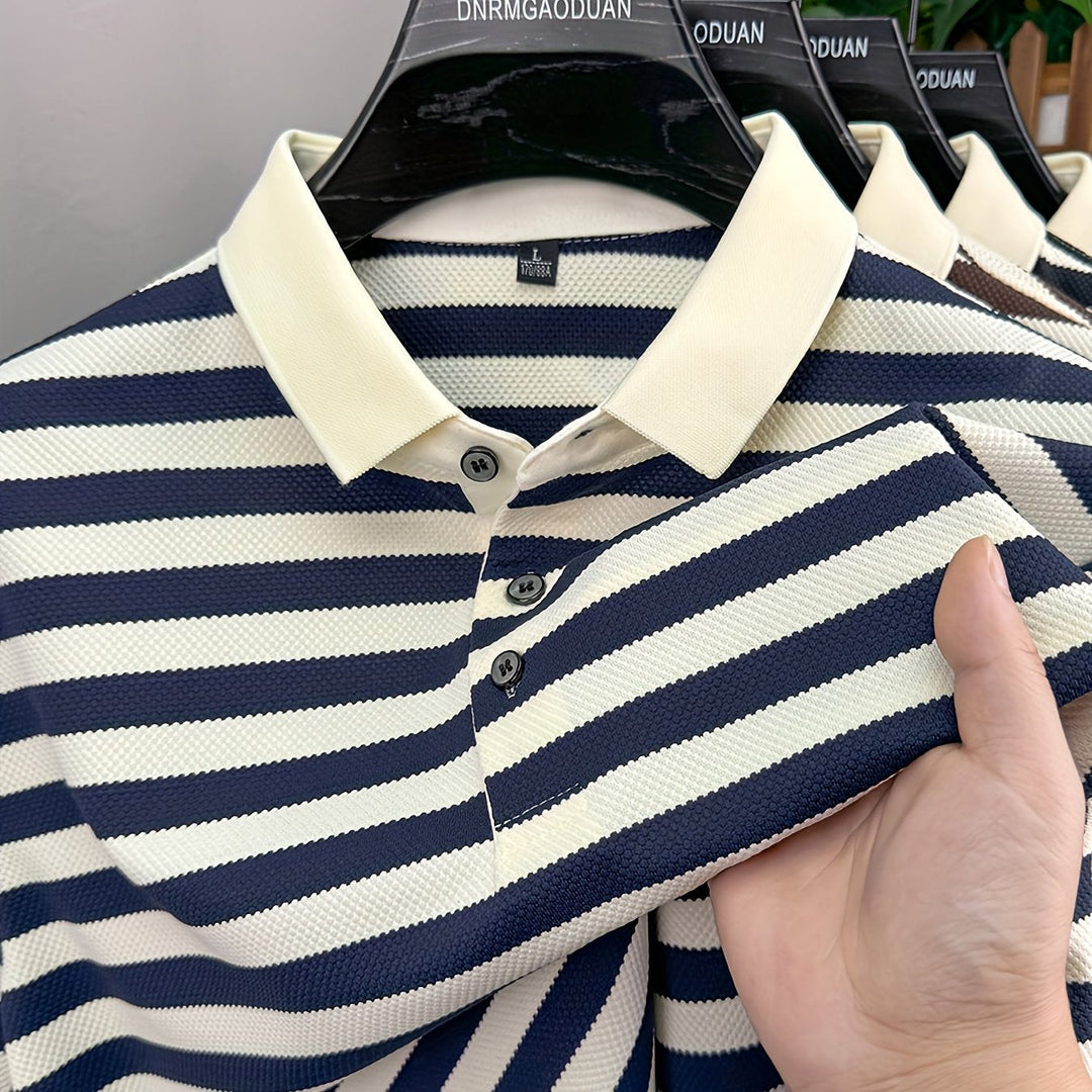 Man wearing a versatile men's striped short sleeve polo shirt, featuring a contrast collar for everyday casual fashion.
