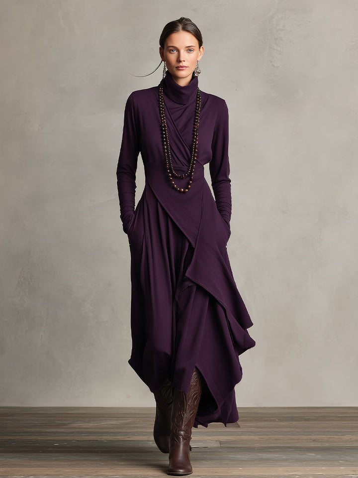 Versatile women's turtleneck dress, draped design with pockets, ideal for elegant work or casual wear.