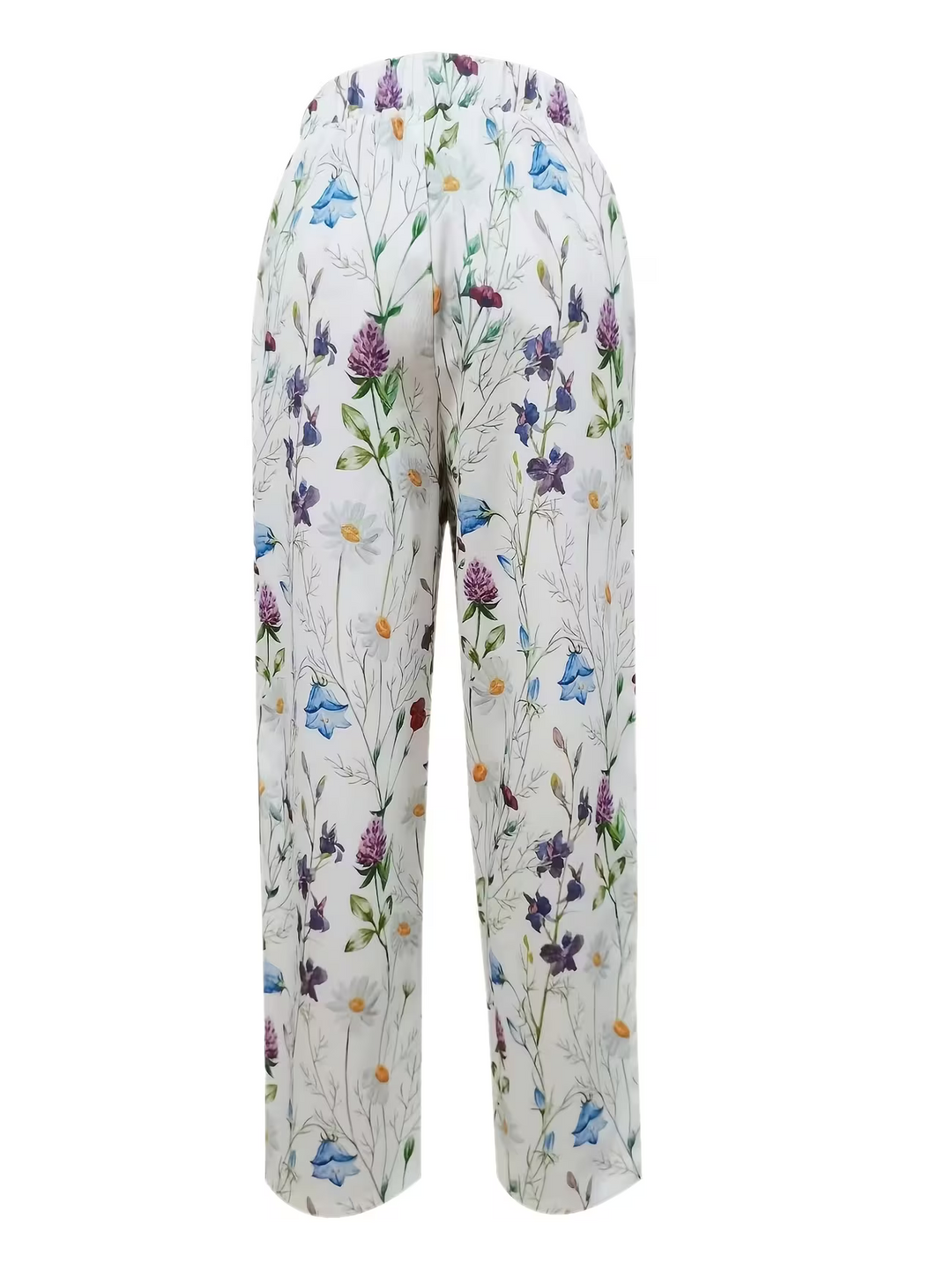 Elegant women's floral print summer trousers. Breathable, relaxed fit white pants, ideal for warm weather and vacation fashion.