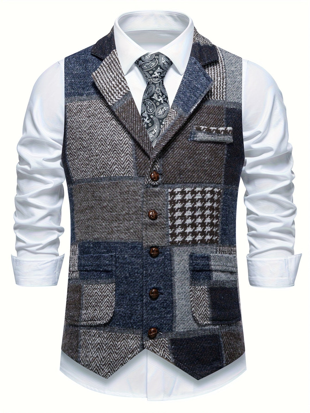 Stylish men's single-breasted patchwork herringbone waistcoat, offering a tailored fit for formal attire.