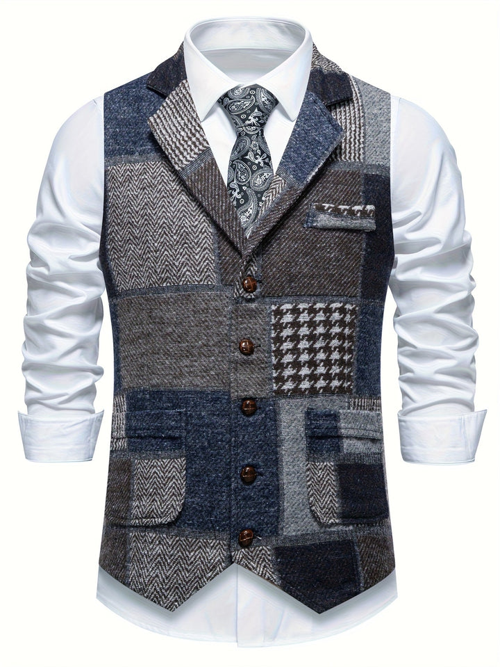 Stylish men's single-breasted patchwork herringbone waistcoat, offering a tailored fit for formal attire.