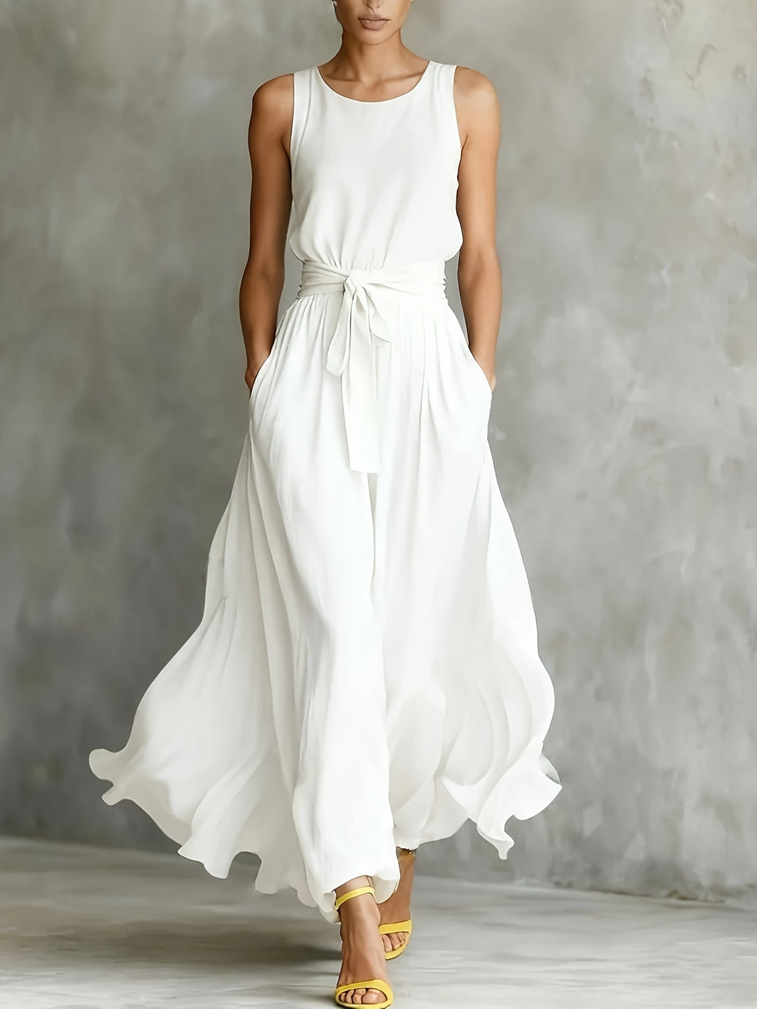 Flowy white women's maxi dress, A-line cut with a belted waist, ideal as a casual summer or elegant vacation dress.