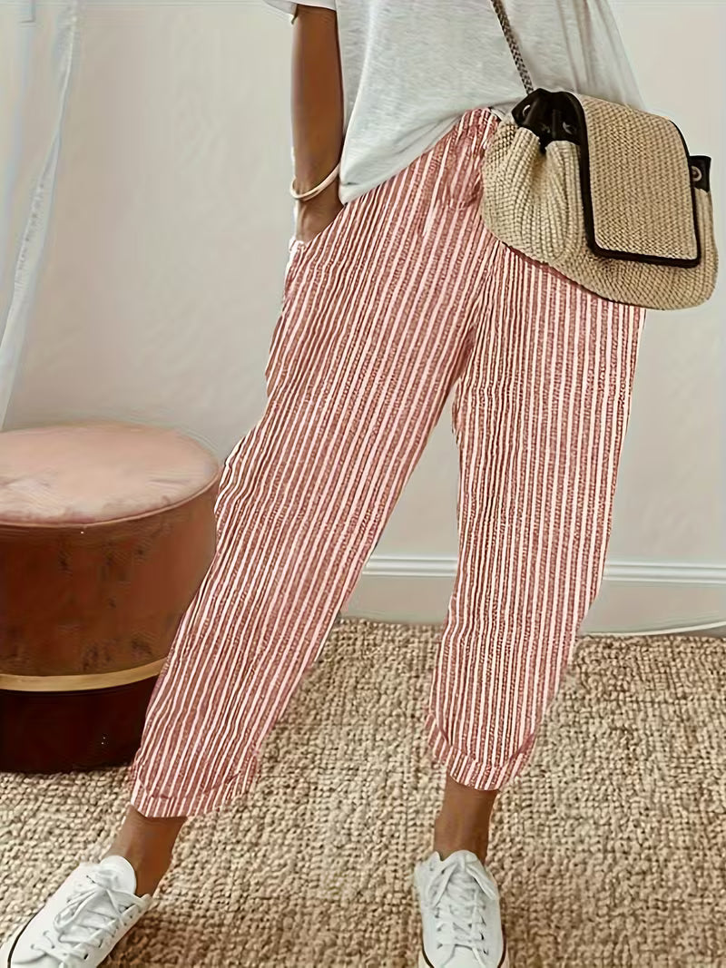 Chic women's wide-leg striped trousers, perfect for spring/summer everyday wear. Relaxed fit & stylish.