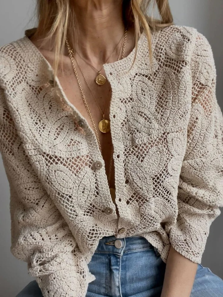 Handcrafted women's airy crocheted apricot cardigan. Elegant, chic, and versatile for summer fashion & layering.