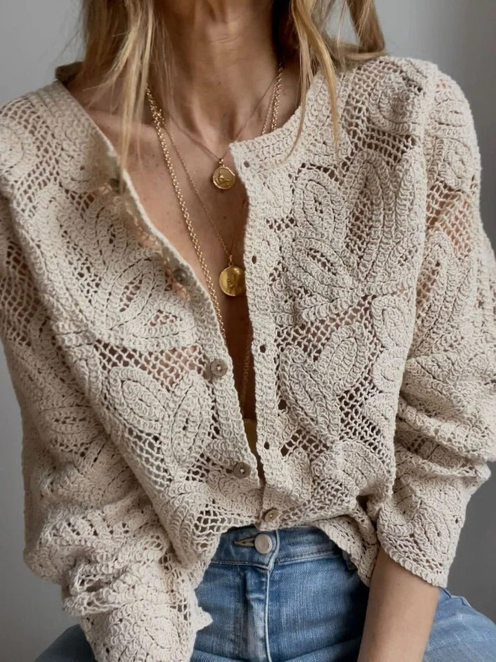 Handcrafted women's airy crocheted apricot cardigan. Elegant, chic, and versatile for summer fashion & layering.