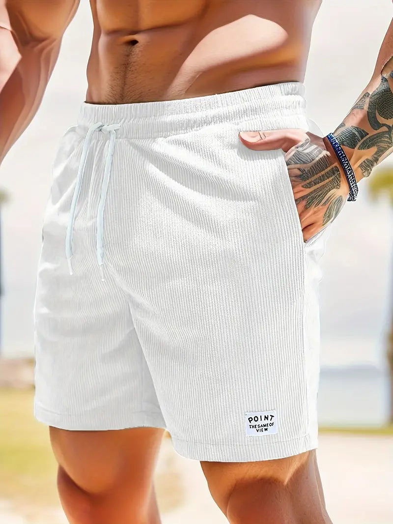 Khaki quick-dry men's swim shorts, durable beachwear with drawstring & pockets.