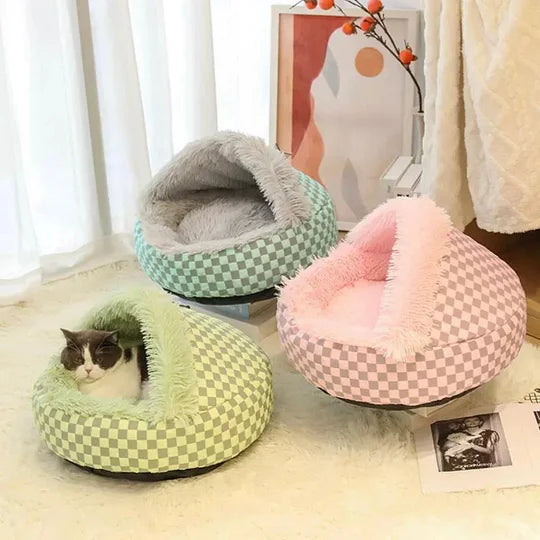 Cozy plaid cat cave bed, a warm hideaway & soft pet house for ultimate feline comfort.