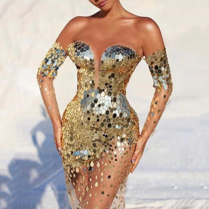 Flowy gold fairy temperament long dress for women, ideal for elegant parties and special occasion wear.