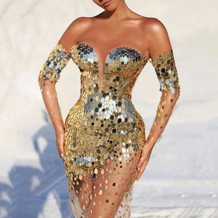 Flowy gold fairy temperament long dress for women, ideal for elegant parties and special occasion wear.