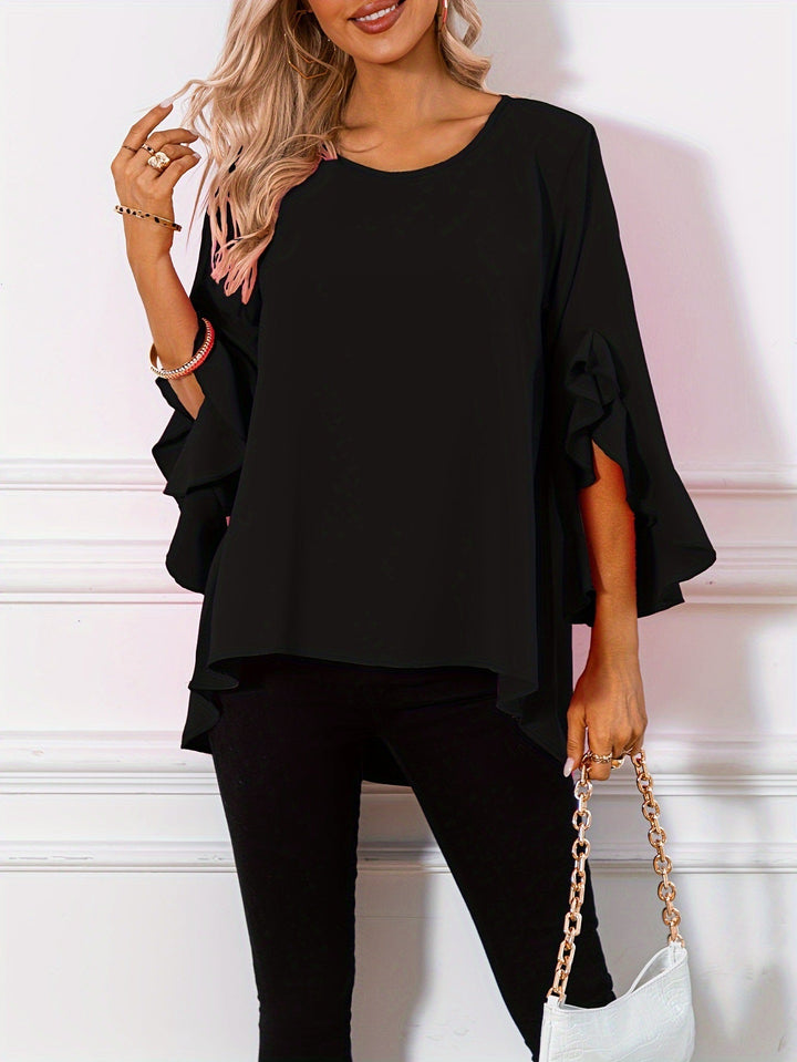 Stylish ladies round neck top, a comfortable staple for spring and summer outfits.