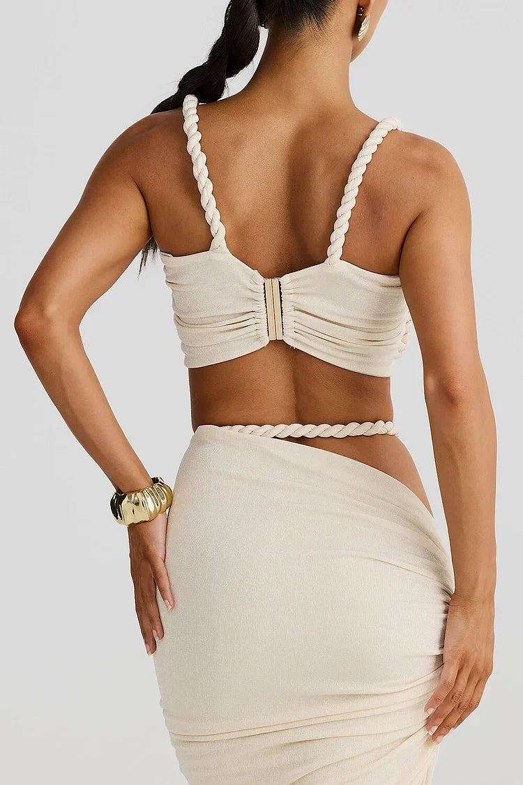 Fashionable women's cutout ruched maxi skirt, a statement piece for effortless elegance & beach chic vacation wear.