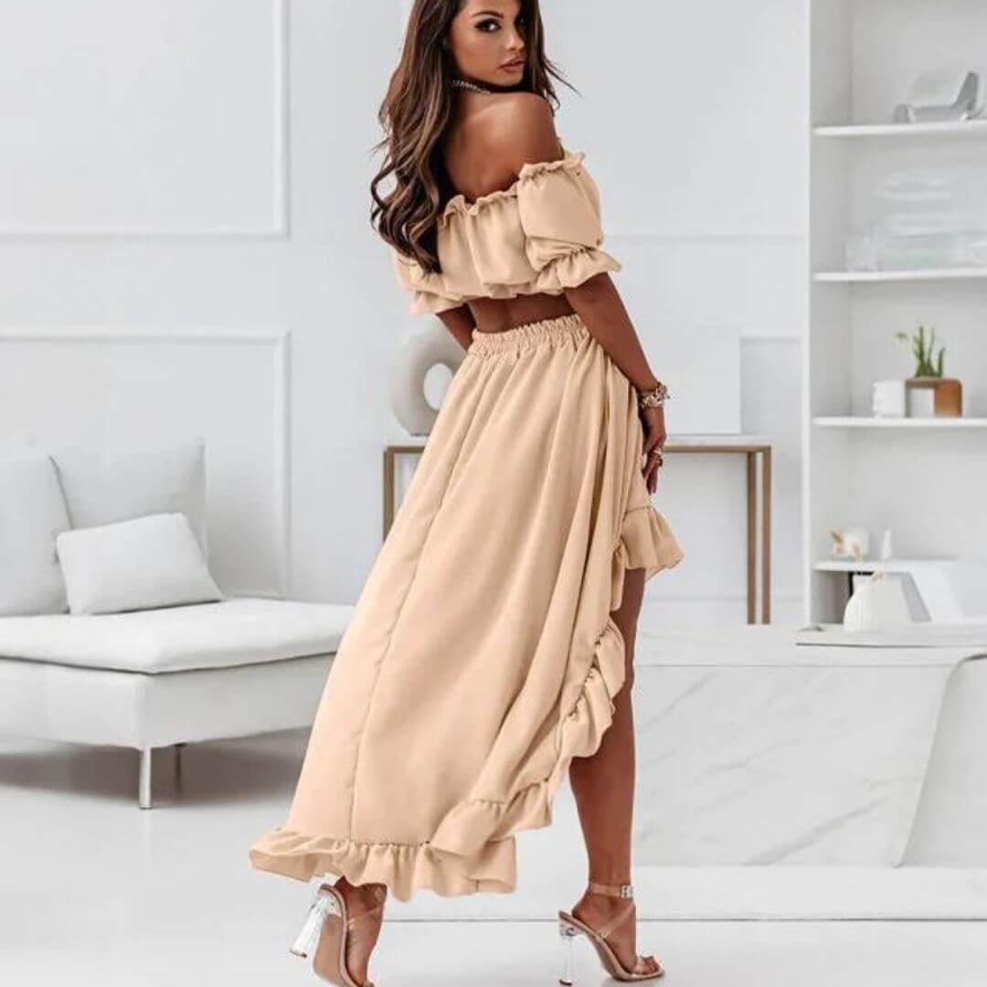 Women's Off-Shoulder Frill Crop Top & High-Low Skirt Set