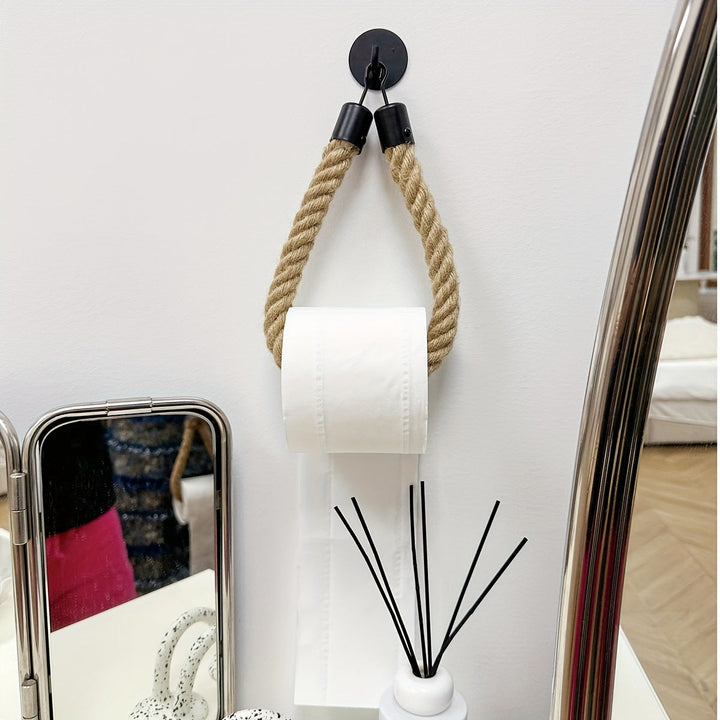 Natural hemp rope toilet paper holder. Rustic bathroom organizer, wall mounted decor.