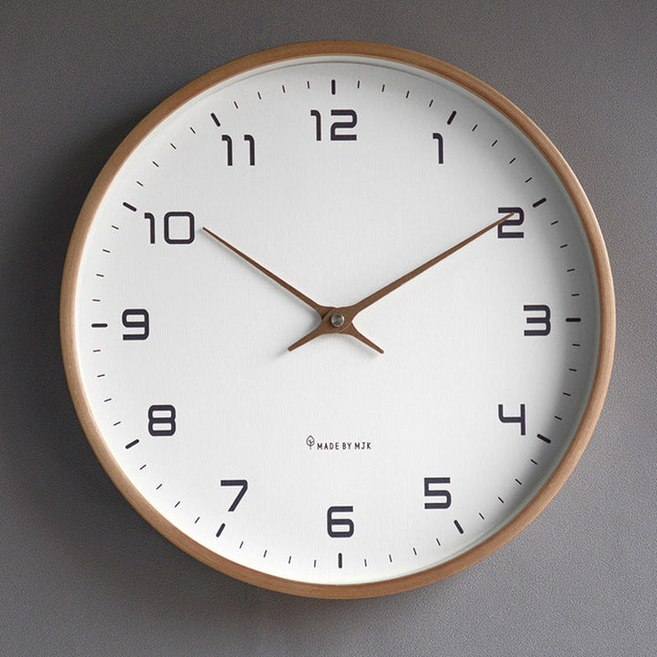Stylish minimalist silent wall clock, natural wooden frame, clear face. Ideal for modern living rooms & offices.
