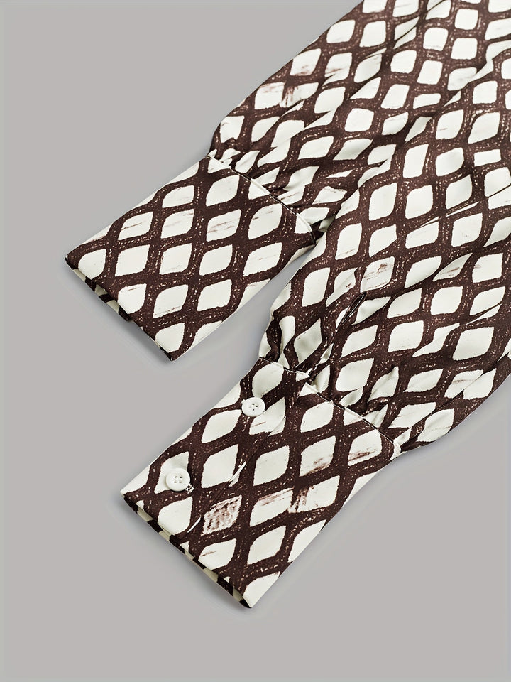 Versatile women's elegant midi dress. Rhombus print, long sleeve, ideal for autumn/winter occasion.
