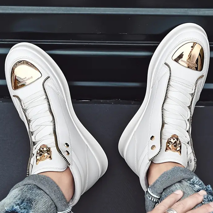 Bold men's high top casual sneakers with metallic toe, ideal for streetwear and urban style.