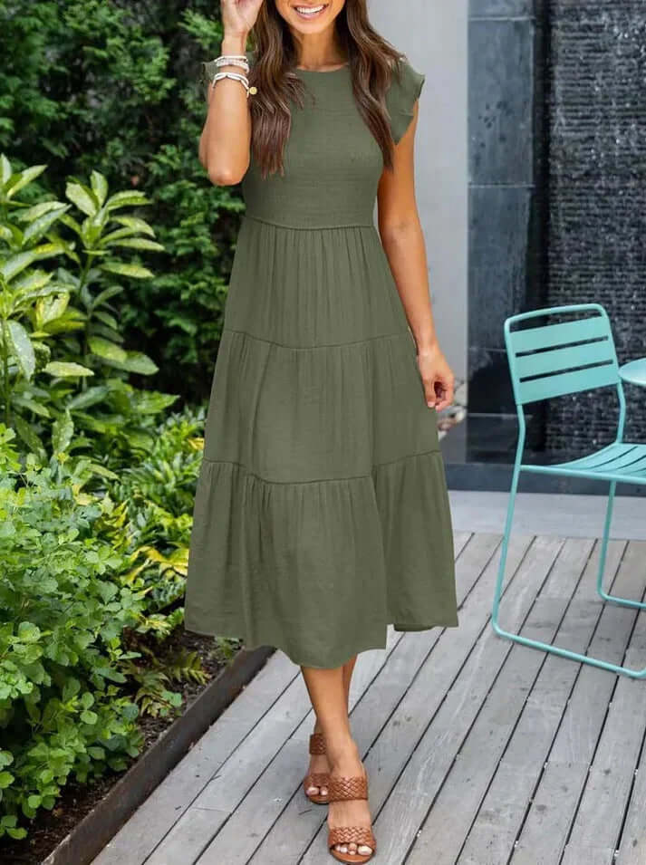 Women's Pleated A-Line Midi Dress with Flying Sleeves