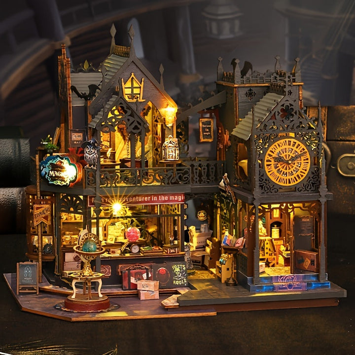Magical 3D wooden book nook puzzle with glow-in-the-dark LED lighting, creating an enchanting miniature world.