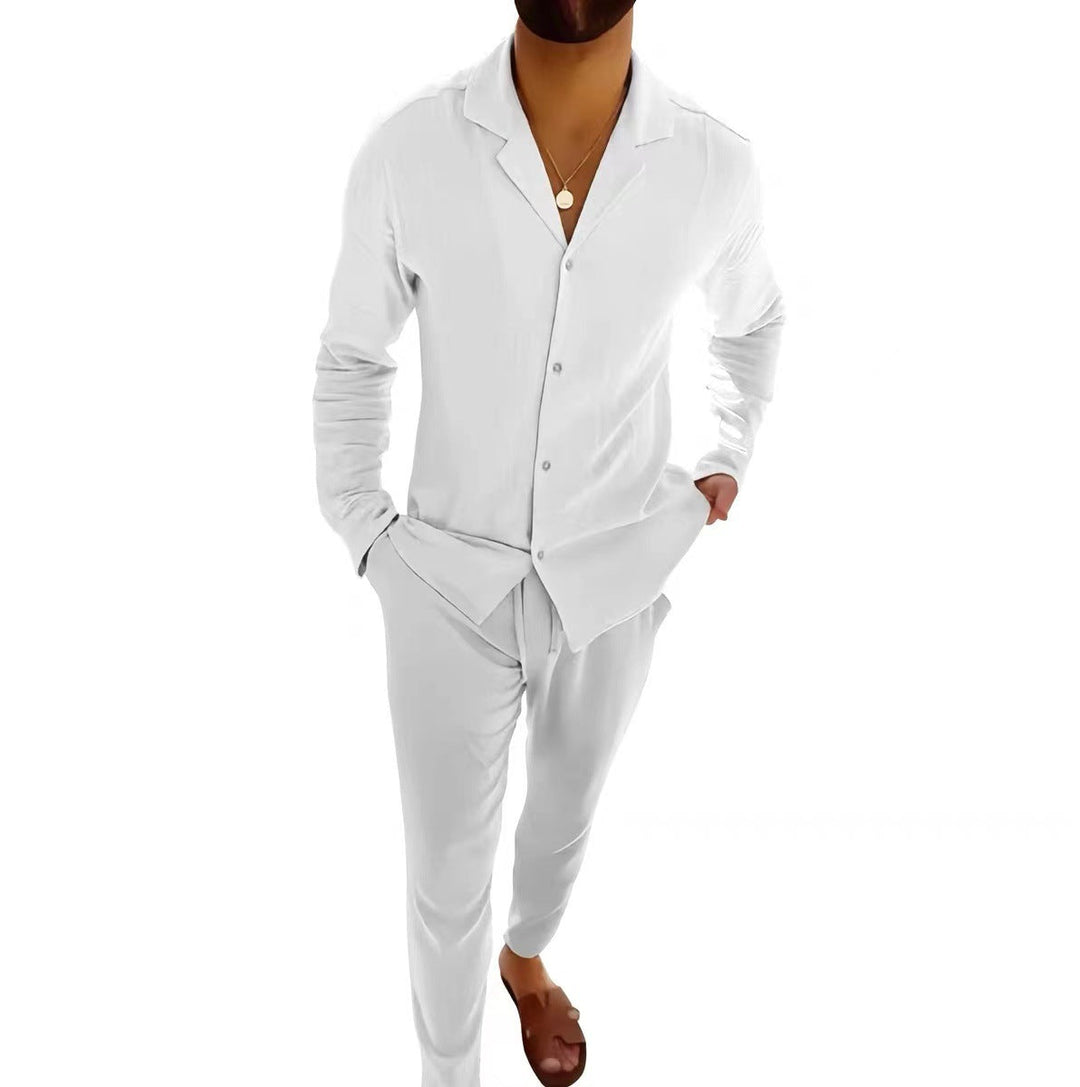Classic men's fashion: Long sleeve shirt & fitted trouser set. Timeless style, comfortable two-piece outfit.
