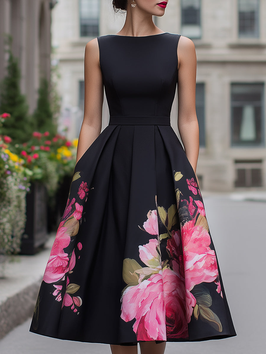 Stylish A-line floral sleeveless midi dress for women, ideal as a party or formal occasion cocktail dress.