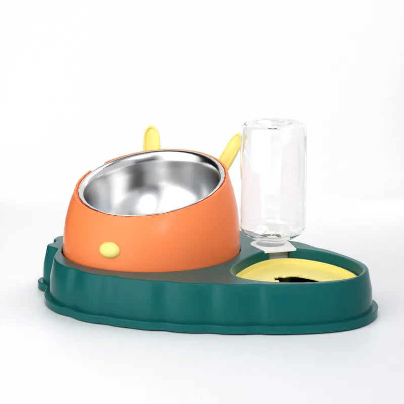All-in-one pet feeding station with two bowls & automatic water dispenser for cats, dogs & other pets.