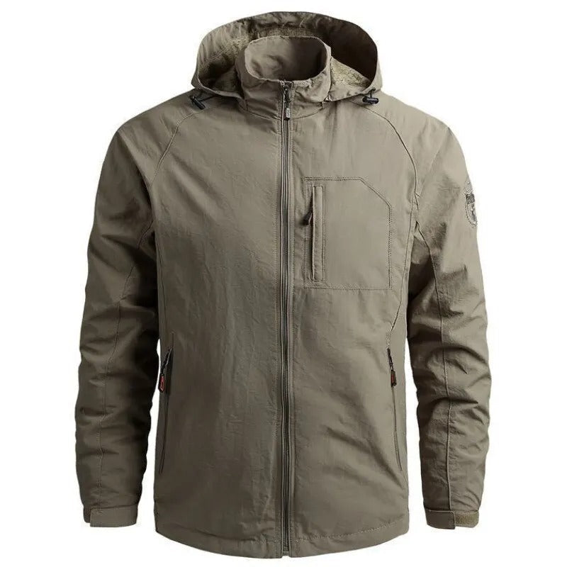 Versatile men's casual hooded jacket for spring/fall. Lightweight zip-up outerwear with modern styling.