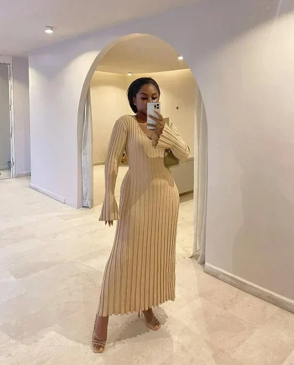 Apricot long sleeve midi dress. Elegant women's clothing, comfortable & stylish for fall fashion.