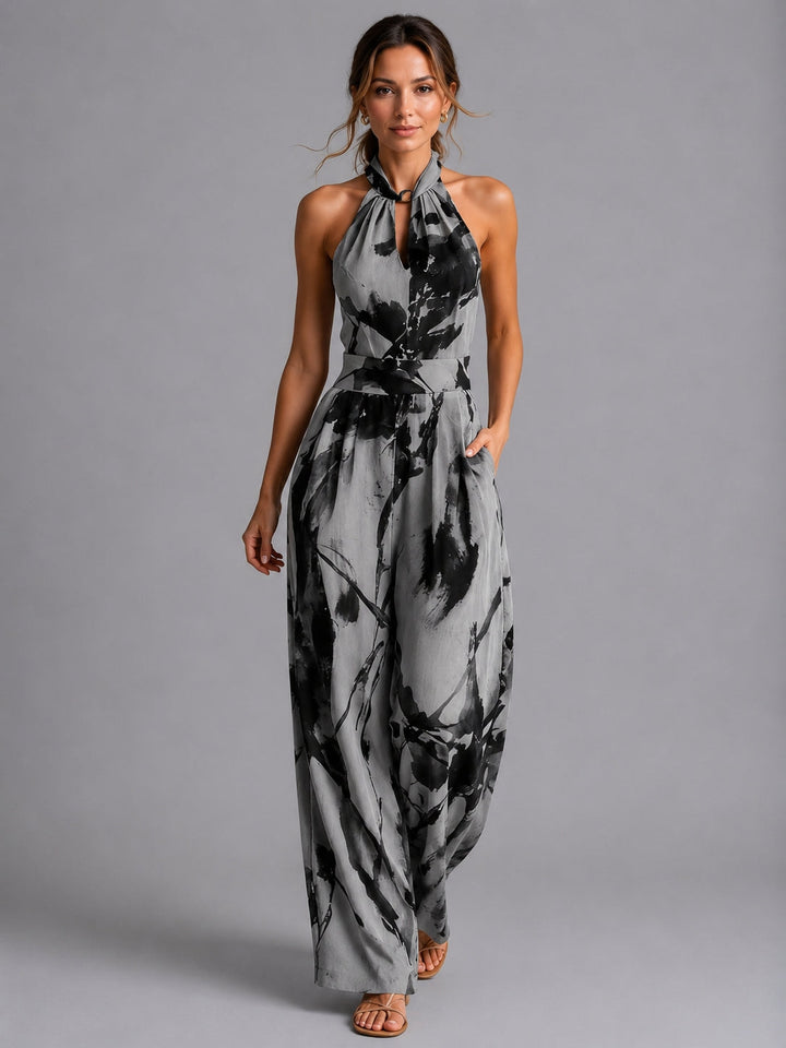 Lightweight women's wide-leg halter jumpsuit, ideal for summer outfits and effortless spring fashion.