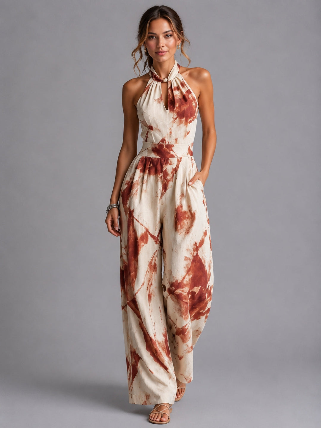 Effortless women's halter wide-leg jumpsuit, a stylish and lightweight one-piece for summer elegance.