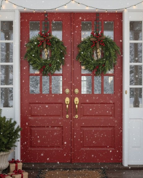 Farmhouse Christmas wreath with boho bells for front door decor. Festive, natural elements, perfect for holidays.