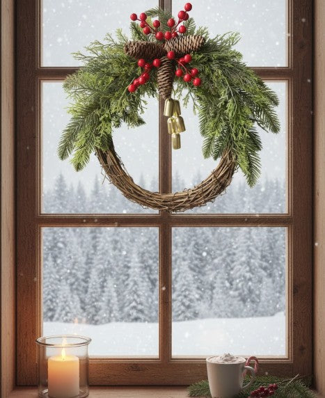Festive holiday wreath featuring pinecones, red berries & unique boho bells. Ideal for winter door decor.