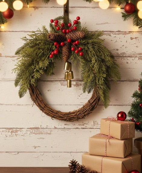 Winter wonderland Christmas wreath. Handmade with pinecones, berries, and unique boho bells for festive home decor.