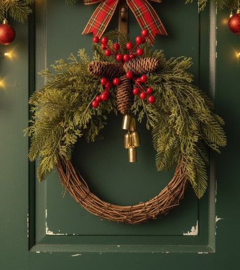 Decorative Christmas wreath with a farmhouse boho style, adorned with pinecones, berries, and jingle bells.
