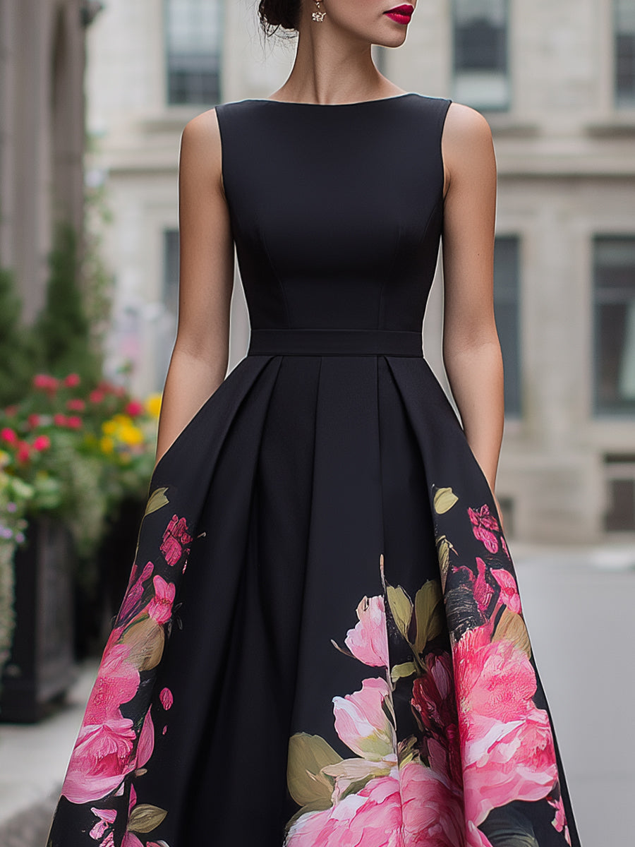 Draped floral sleeveless midi dress for women, an elegant choice for special occasions and evening events.