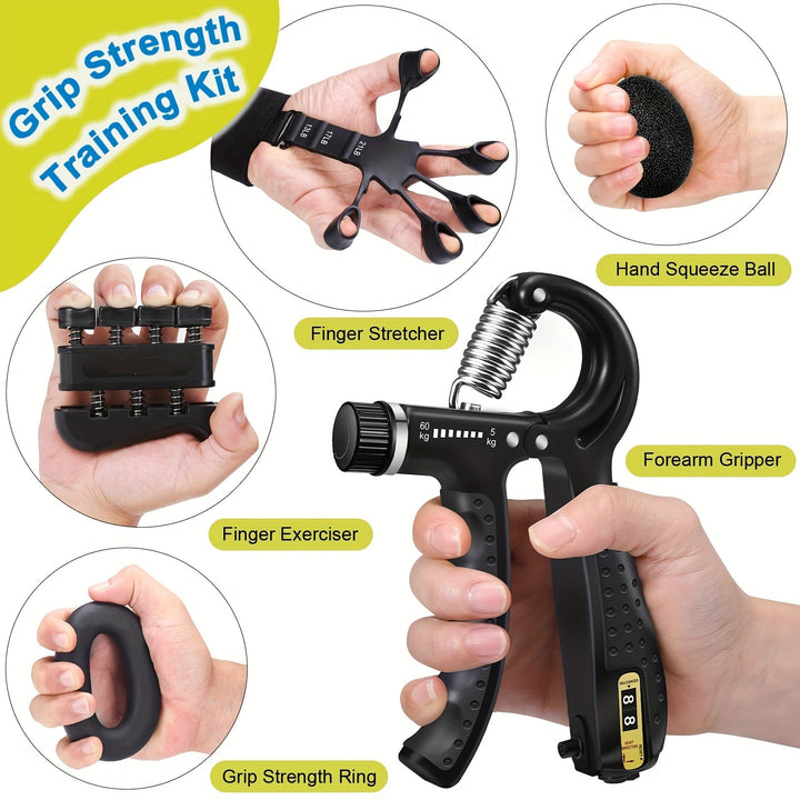 Complete 5-in-1 PowerGrip hand trainer set to build strong grip, forearms, and finger strength. Enhance athletic performance.