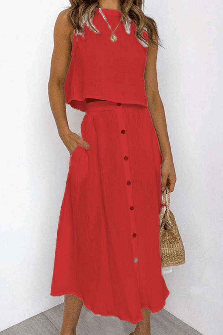 Women's Relaxed Round Neck Top and Midi Skirt Set