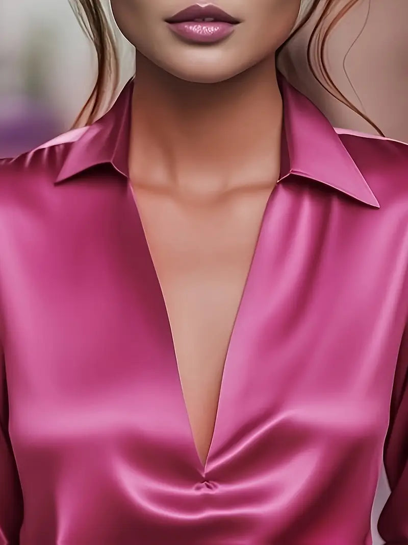 Women's fashion blouse: collared V-neck, long sleeve. A versatile piece for modern workwear wardrobes.
