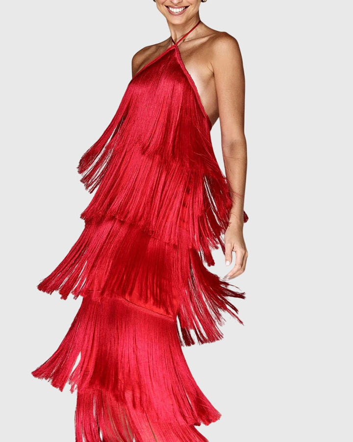 Elegant women's halter tassel dress for special occasions. Perfect party or cocktail attire.